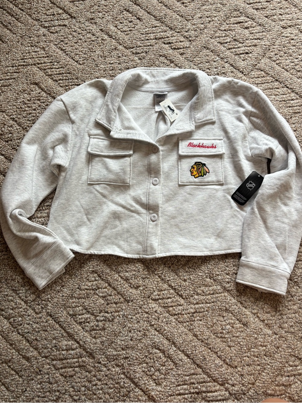 NHL Women's Light Gray Cropped Button-Up Sweatshirt with Blackhawks Patches